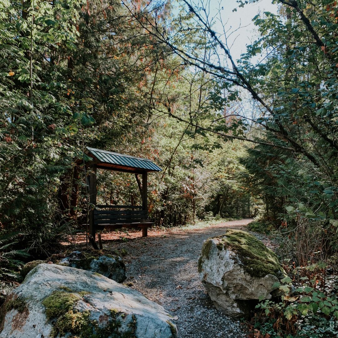 the entrance of a trail with a sign