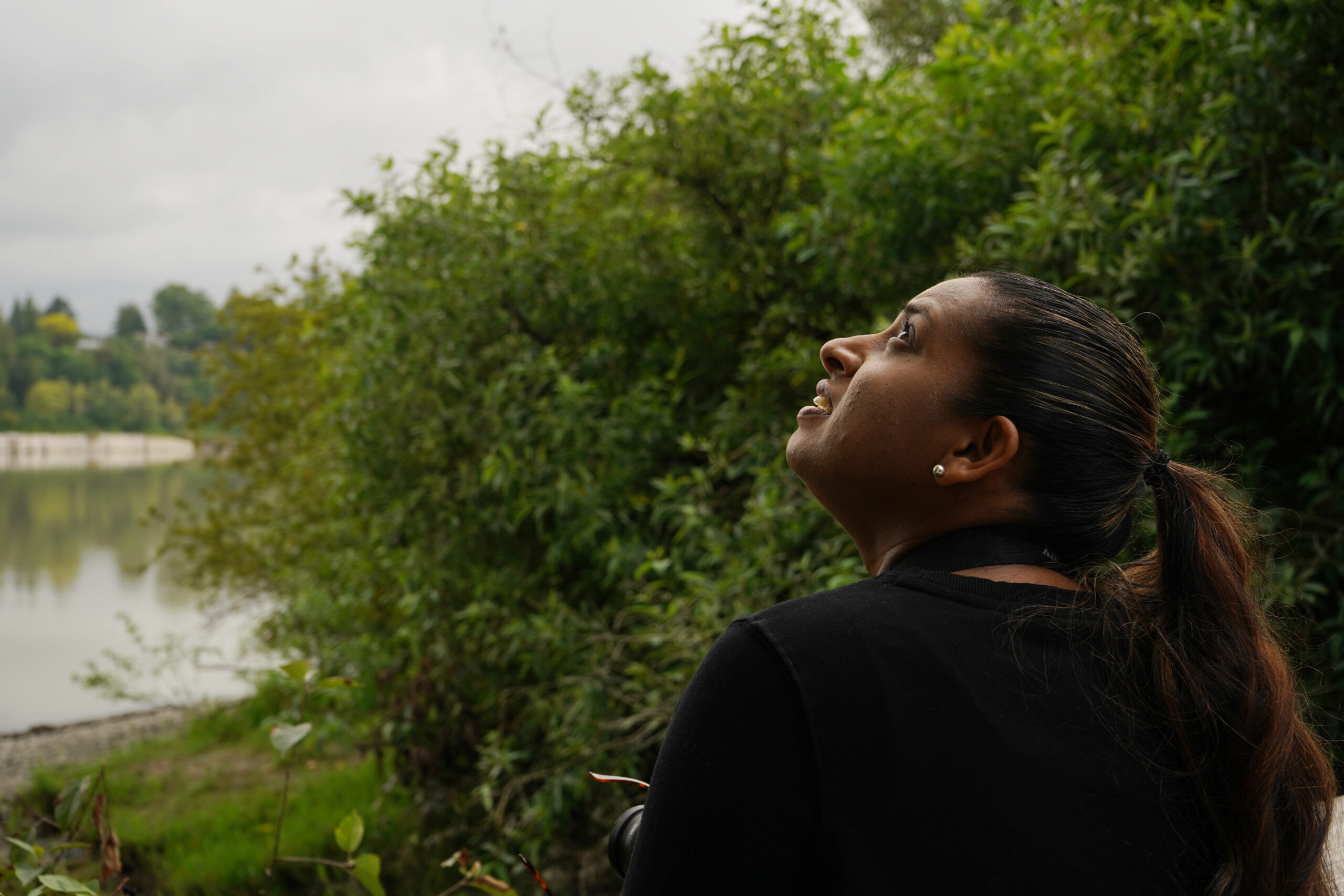 A woman looks upwards towards the sky while sitting in a park, with bushes and shrubbery nearby.