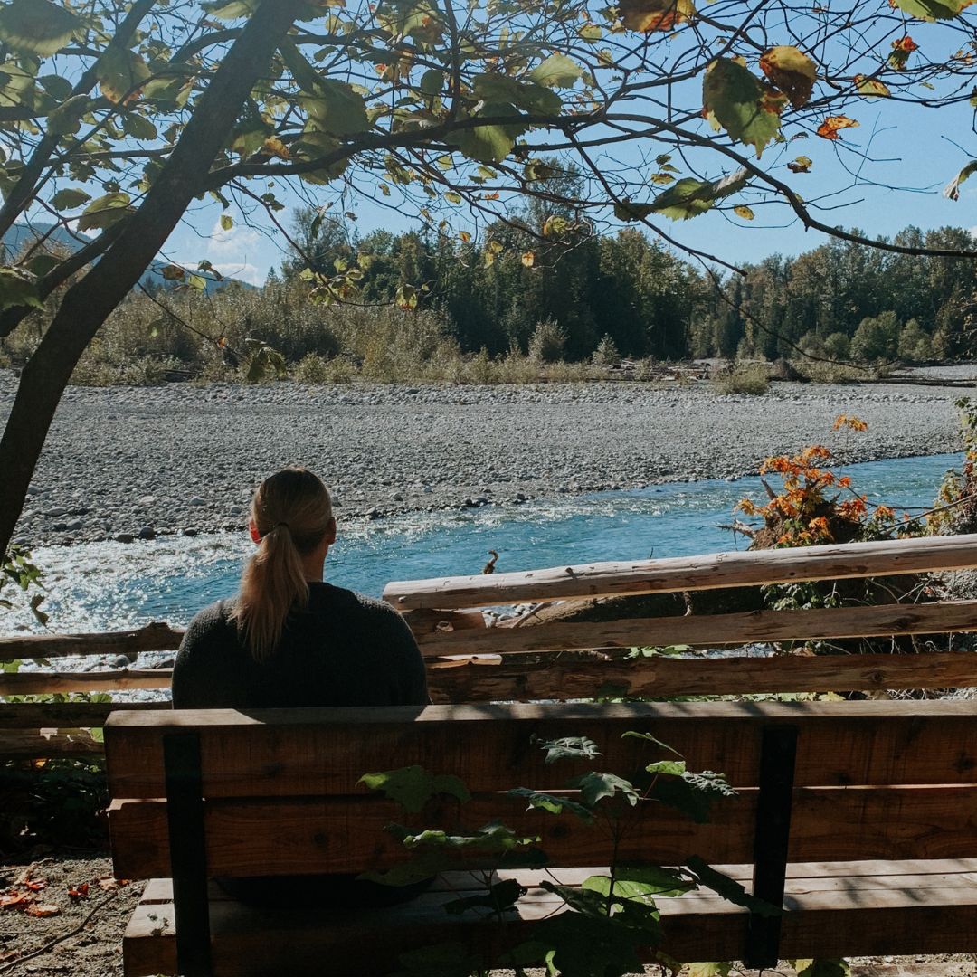 a person sitting on a bench looking at a rivershore