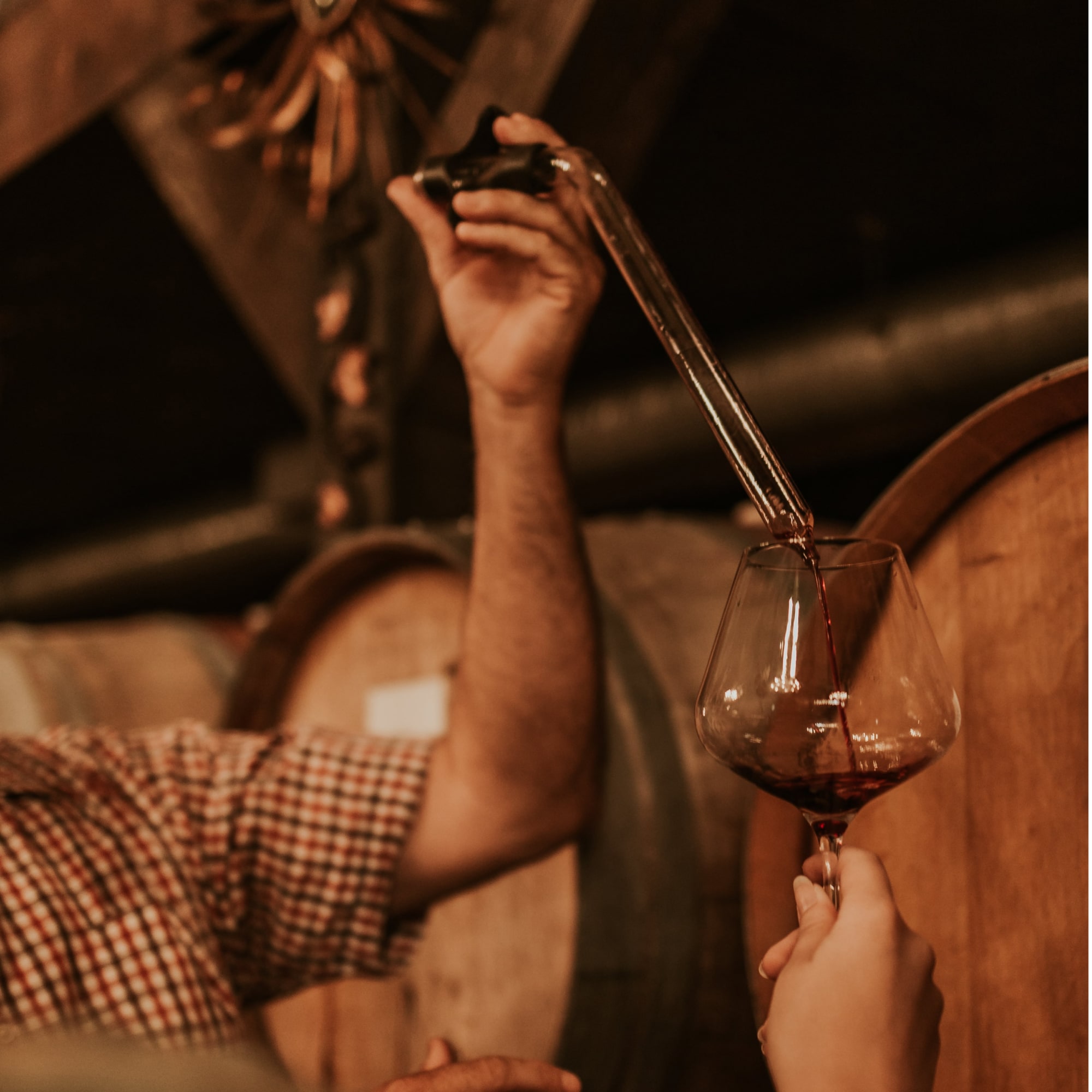 A man pouring wine into a glass, showcasing the art of wine-making at a winery.