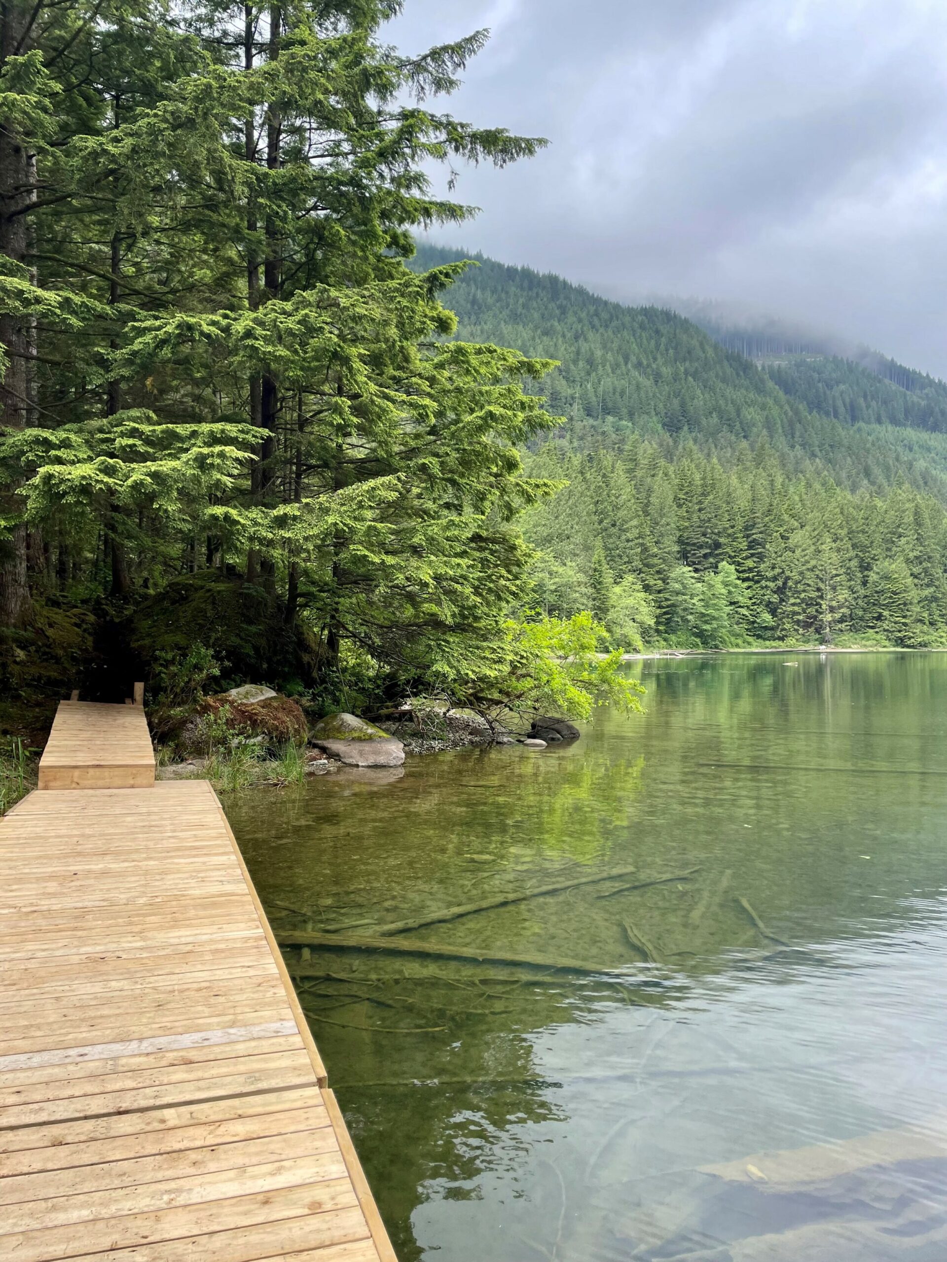 Views of a boardwalk crossing the edge of a lake.