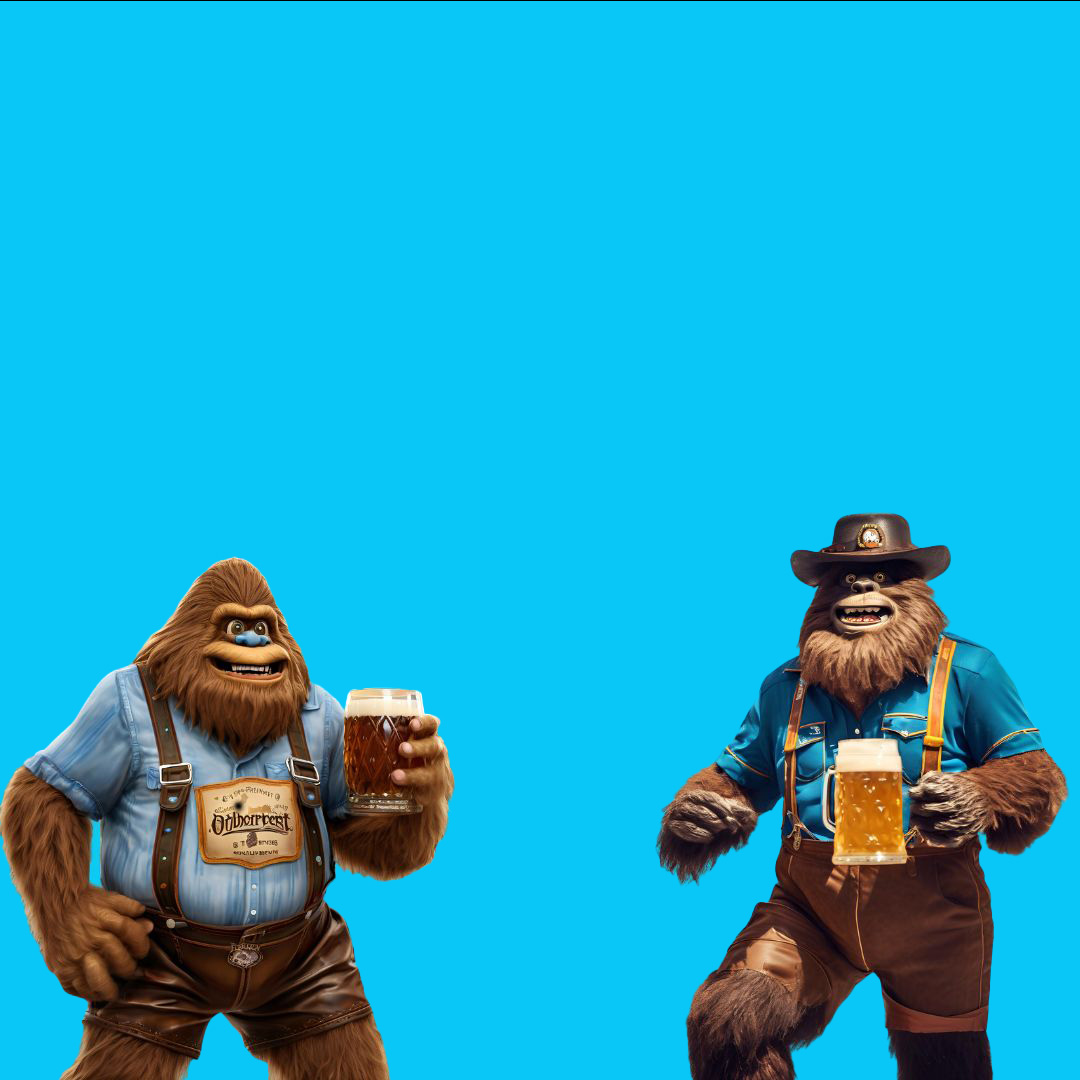 Two sasquatches dressed for Oktoberfest holding pints of beer