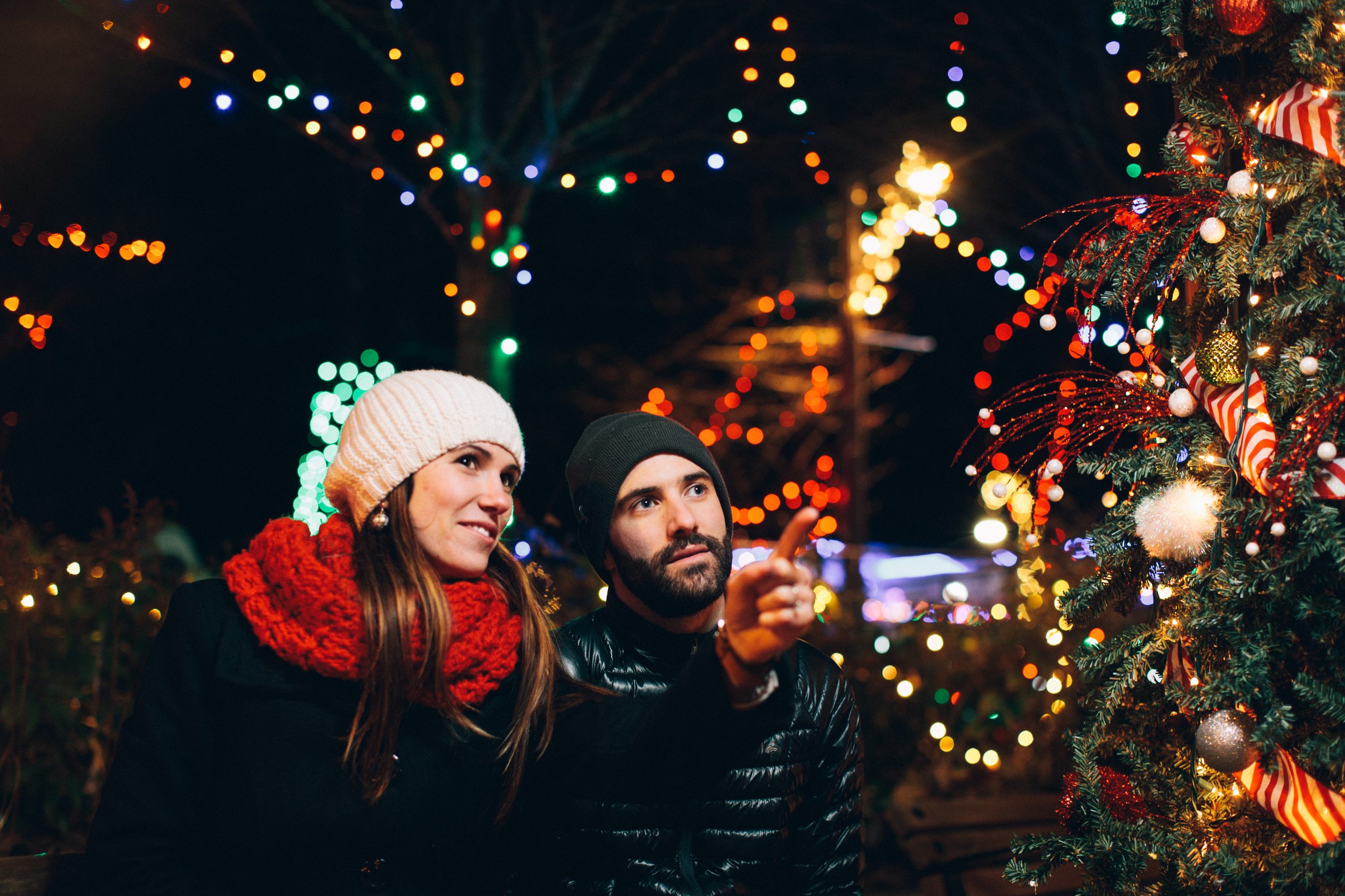two people with holiday lights