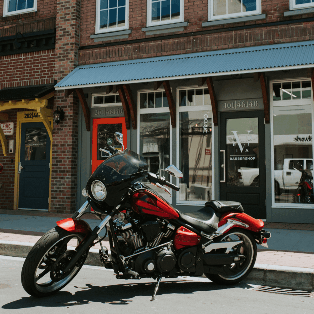 motorcycle parked at a storefront
