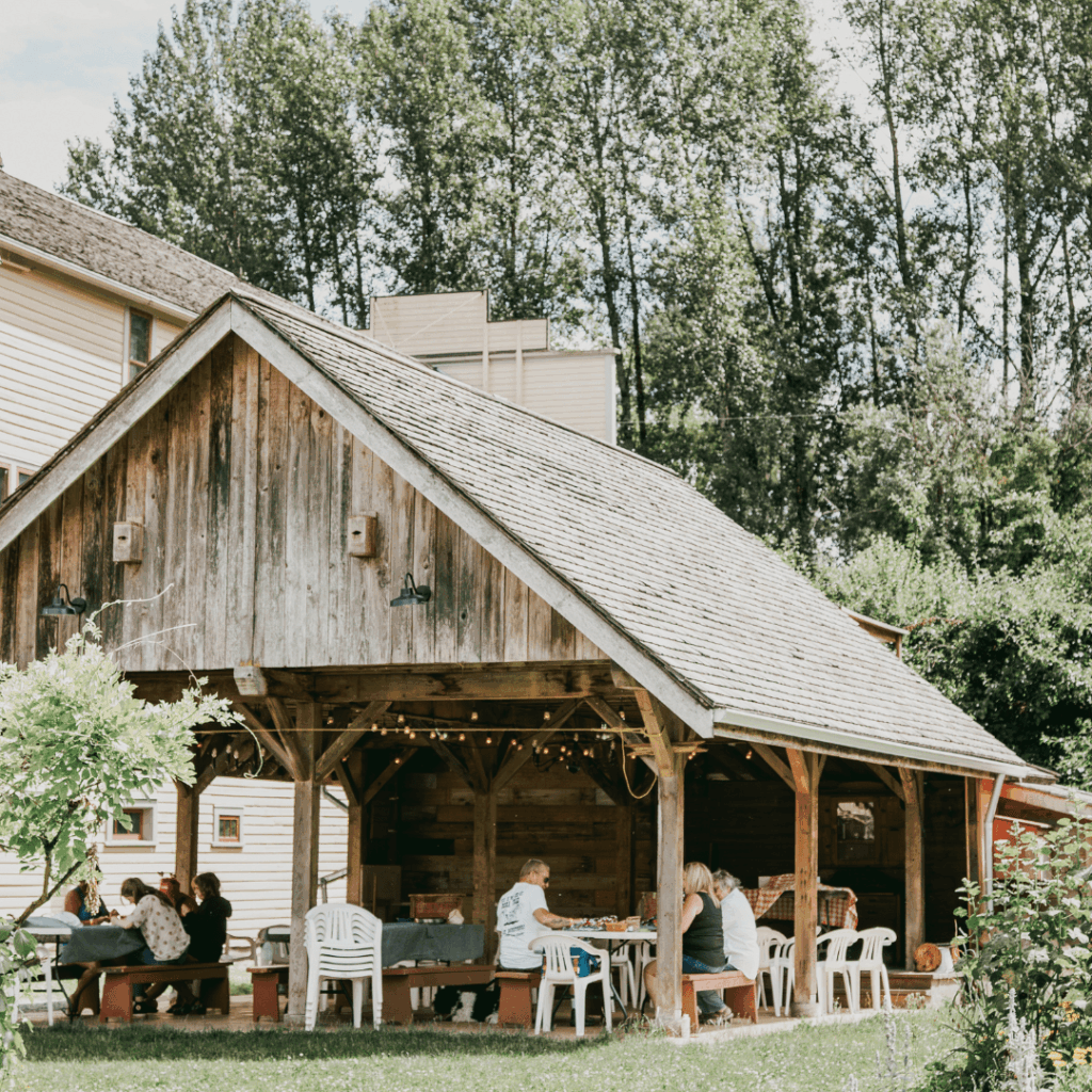 people dining under an open patio