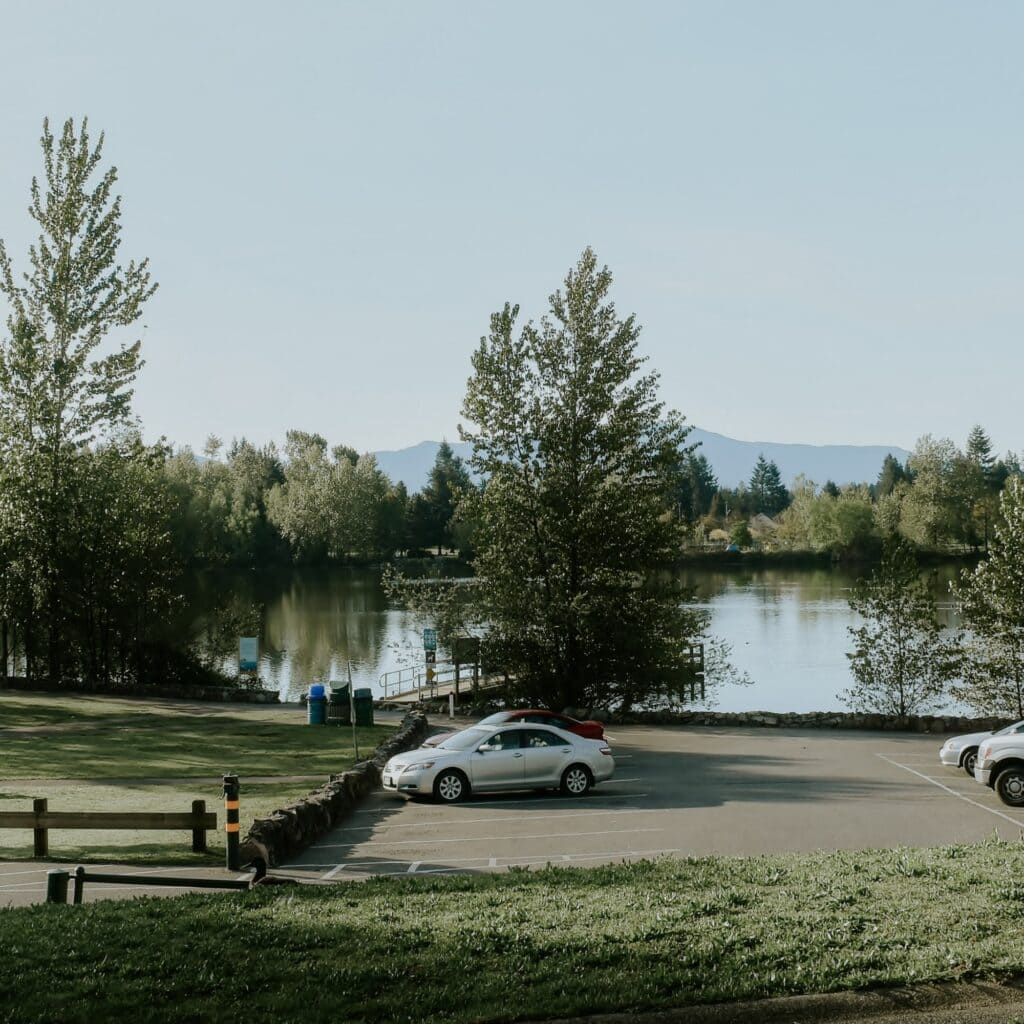 A park with a lake and a park bench.