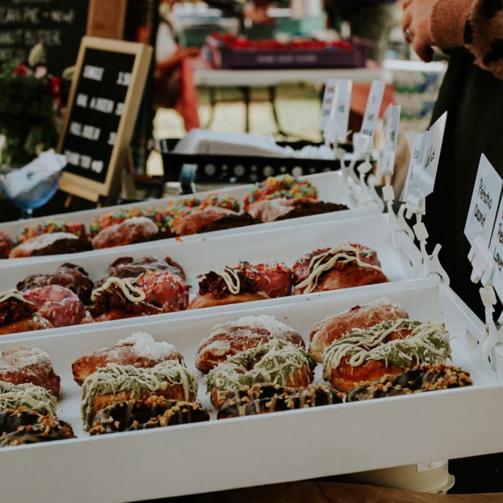 A display of donuts at a market
