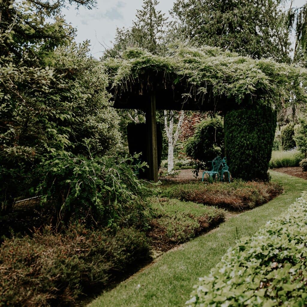 A garden with a gazebo and a bench.
