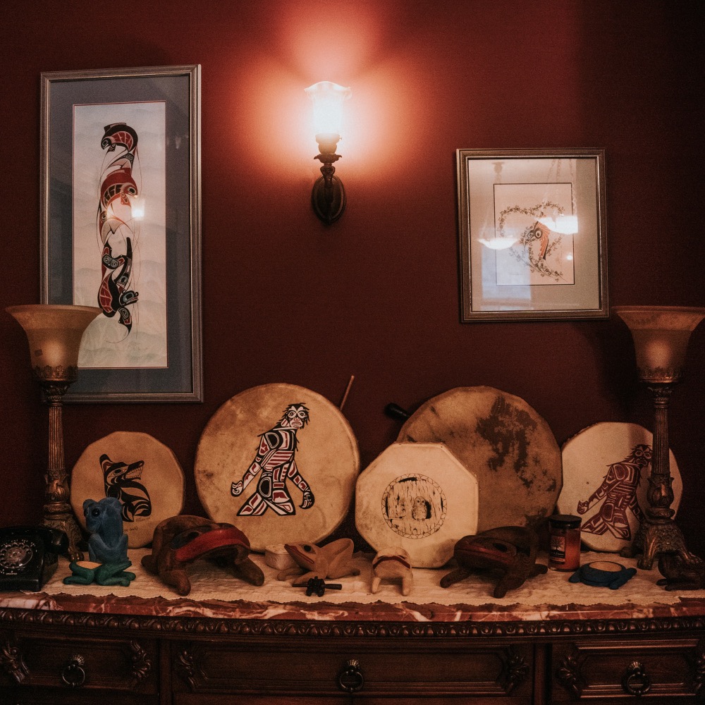 Several indigenous art pieces on a display