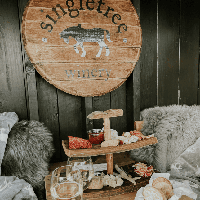 Wine and charcuterie set up with seats on either side