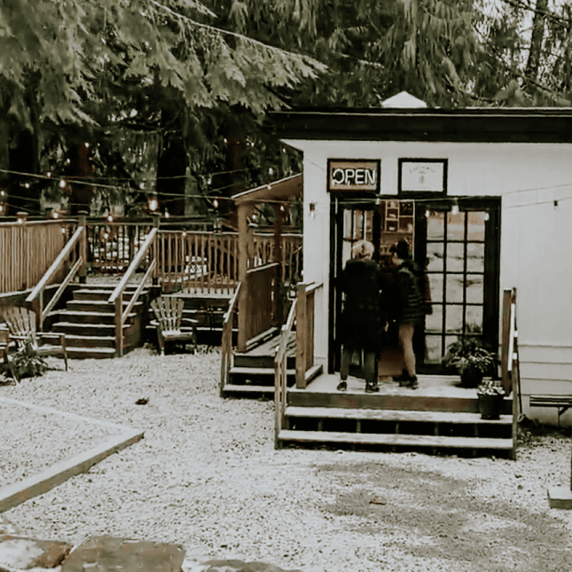 Outside of a coffee shop on a winter day 