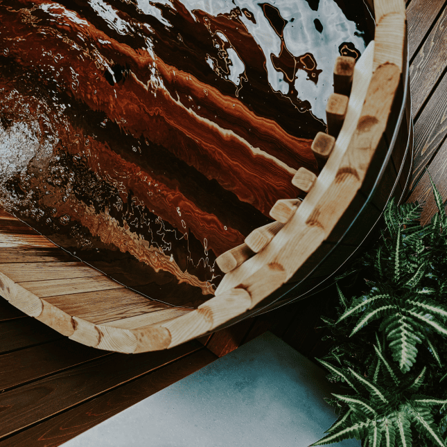 The water in a wooden bathtub