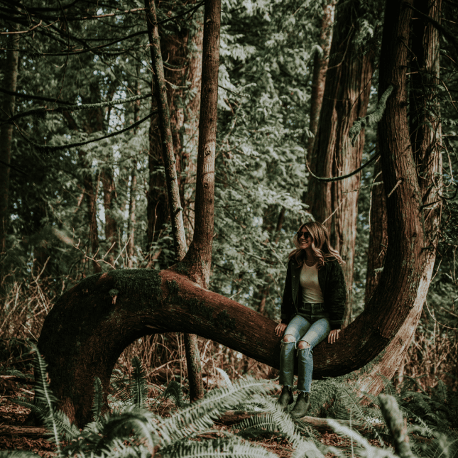 Woman sitting on a tree in a forest 