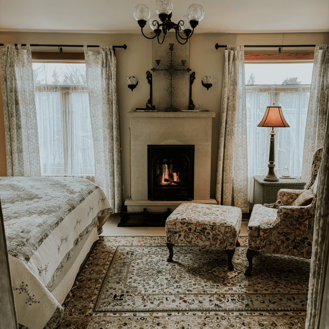 A room with a fireplace in the centre 