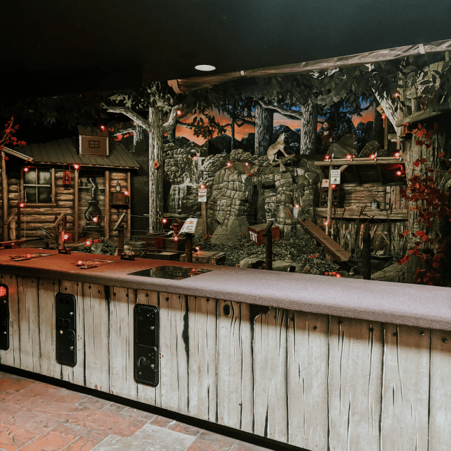 Rustic area with wood finishes and colorful decor.