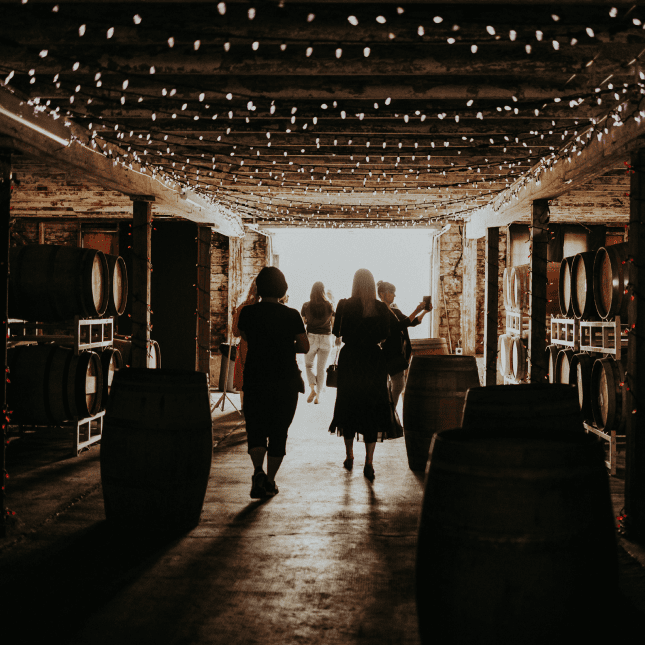 Interior of a winery corridor with barrels lining the walls and people walking through.
