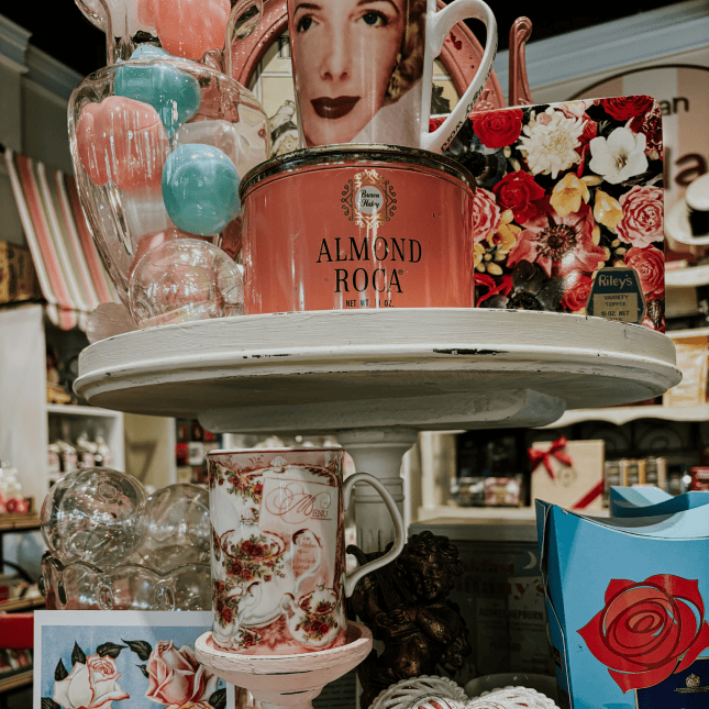 Interior of a gift shop with colorful displays and decorative items.