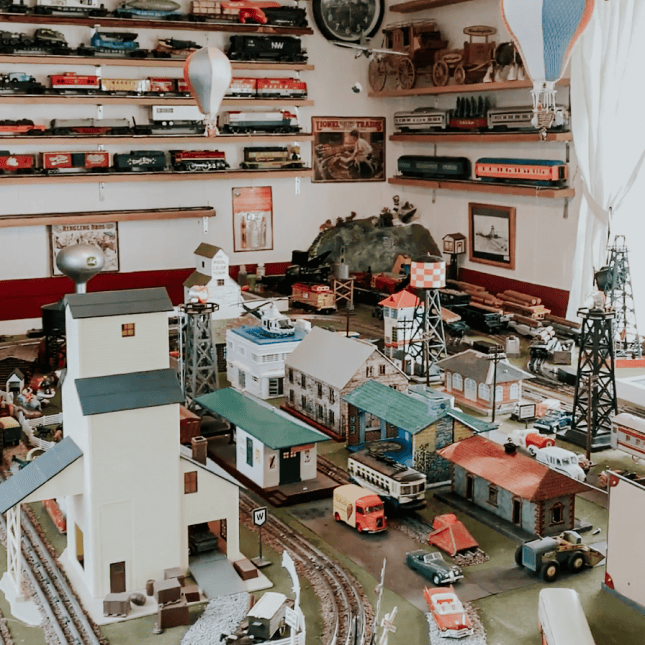 Interior of a small museum or heritage exhibit with displays.