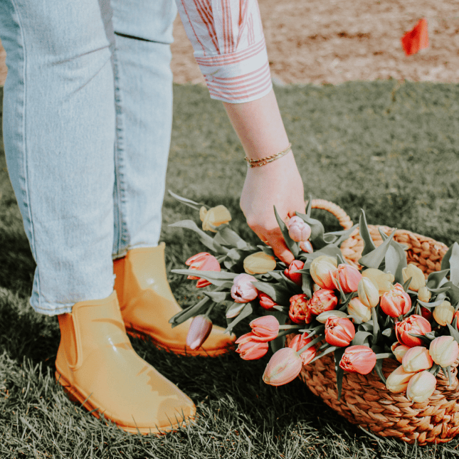 Person in yellow boots holding a basket of tulips.