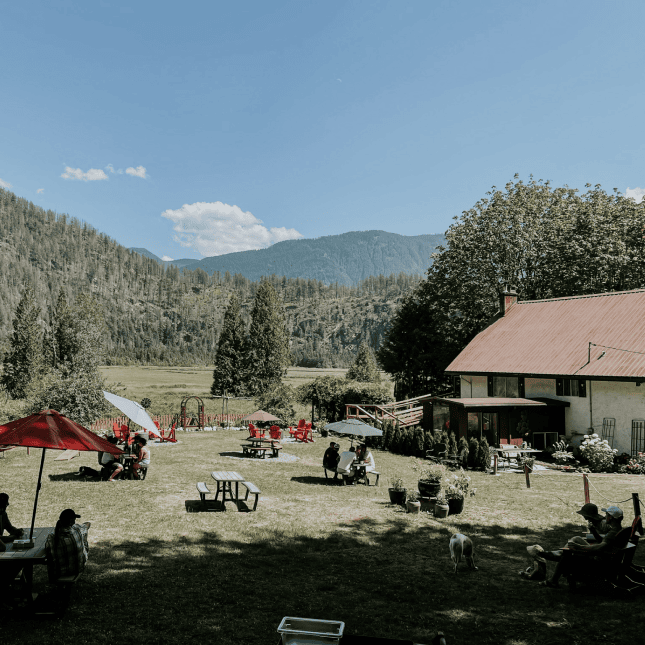 Scenic farm landscape with mountains in the distance.