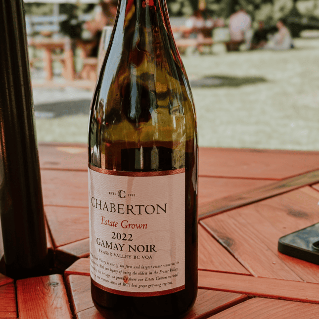 Wine bottle standing on an outdoor table in sunlight.