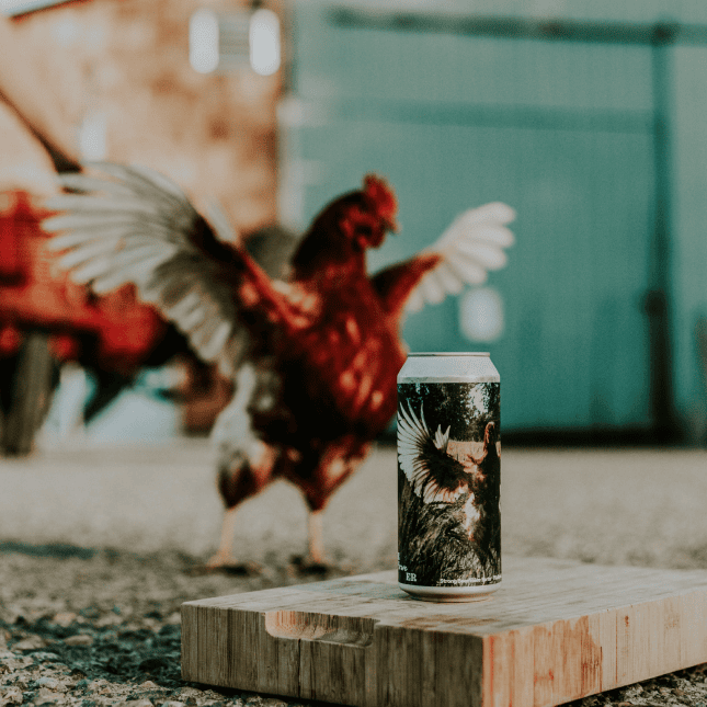 Rooster standing on a wooden surface next to a beverage can.